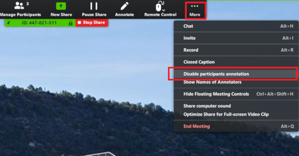 Picture of Zoom app with the Disable participants annotation link highlighted