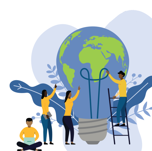 Illustration of people with a giant lightbulb that looks like a globe