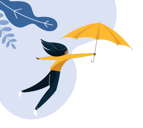 Graphic of a woman holding an umbrella flying through the air