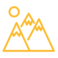 Yellow illustration of mountains with a rising sun.