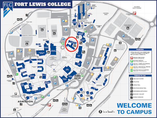 Map of Fort Lewis College campus with red circle around the art gallery