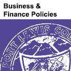 Image of partial Fort Lewis College seal with the text 'Business & Finance Policies' above it