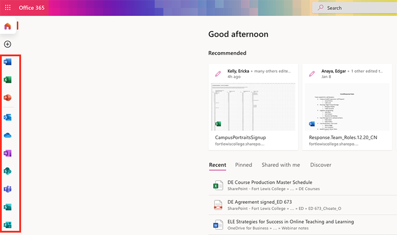 Find document apps in Office 365 along the lefthand side of the screen