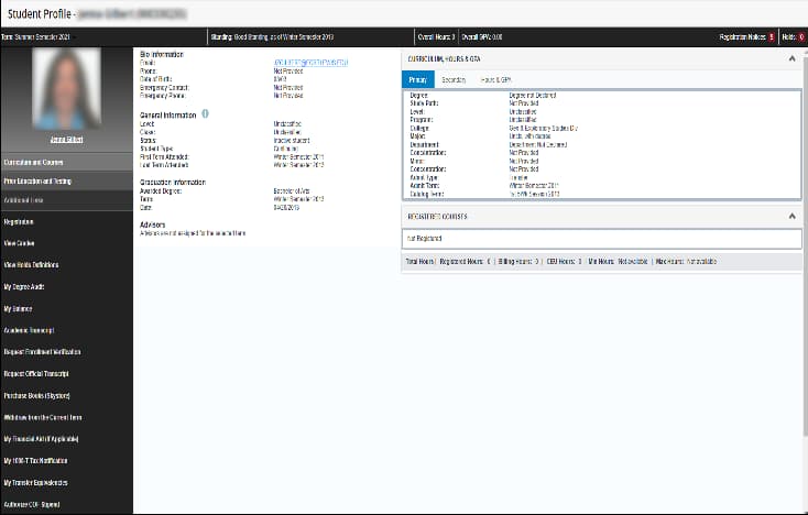 Student profile screen within WebOpus