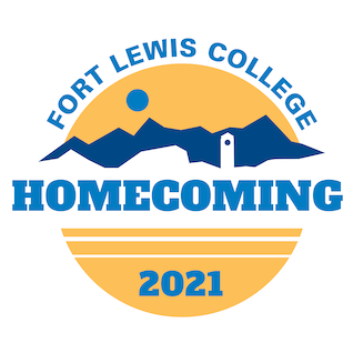 homecoming 2021 logo with yellow horizon, blue mountains, and white clocktower