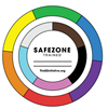 SafeZone logo, a white circle with the name within two other circles that show different LGBTQ colors