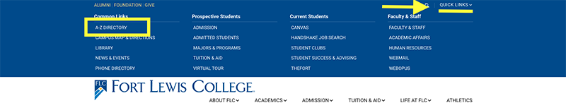 Choose the A-Z directory from the Quick Links menu found at the top right of the screen on any page in the FLC site.