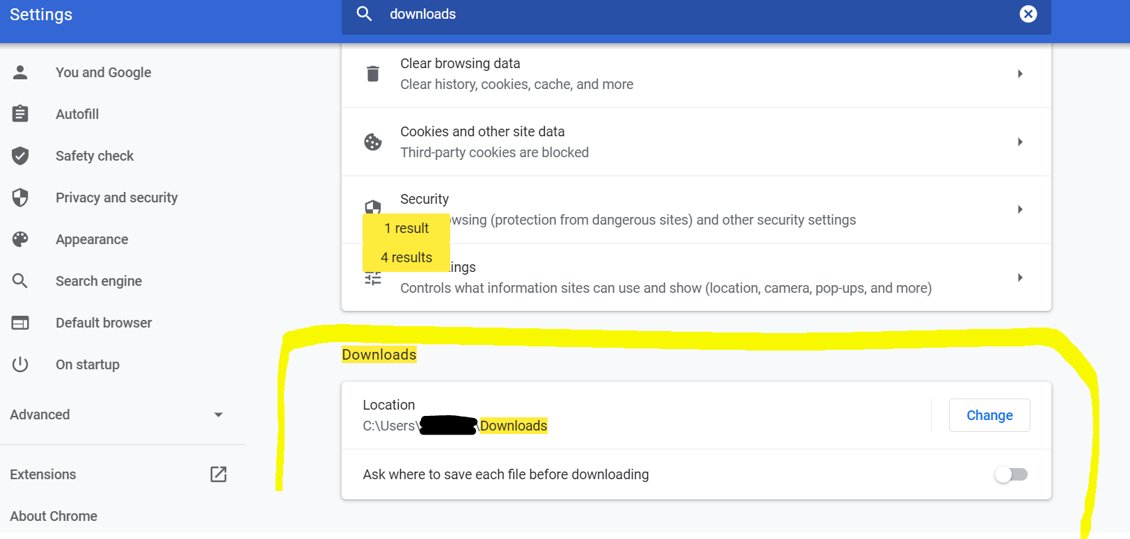 Image of highlighted download location settings in Google Chrome