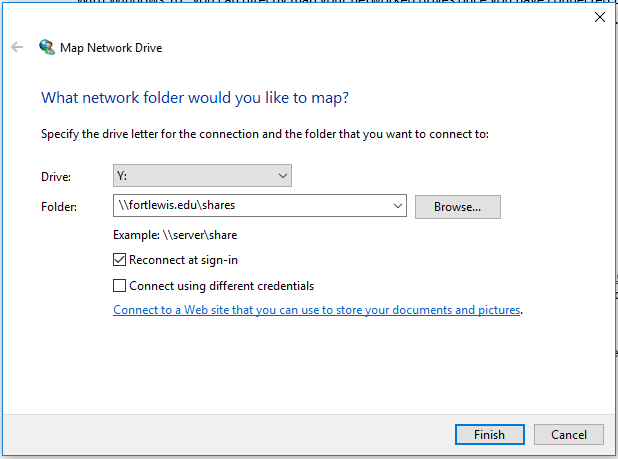 Image of Map Network Drive dialog box in Windows 10